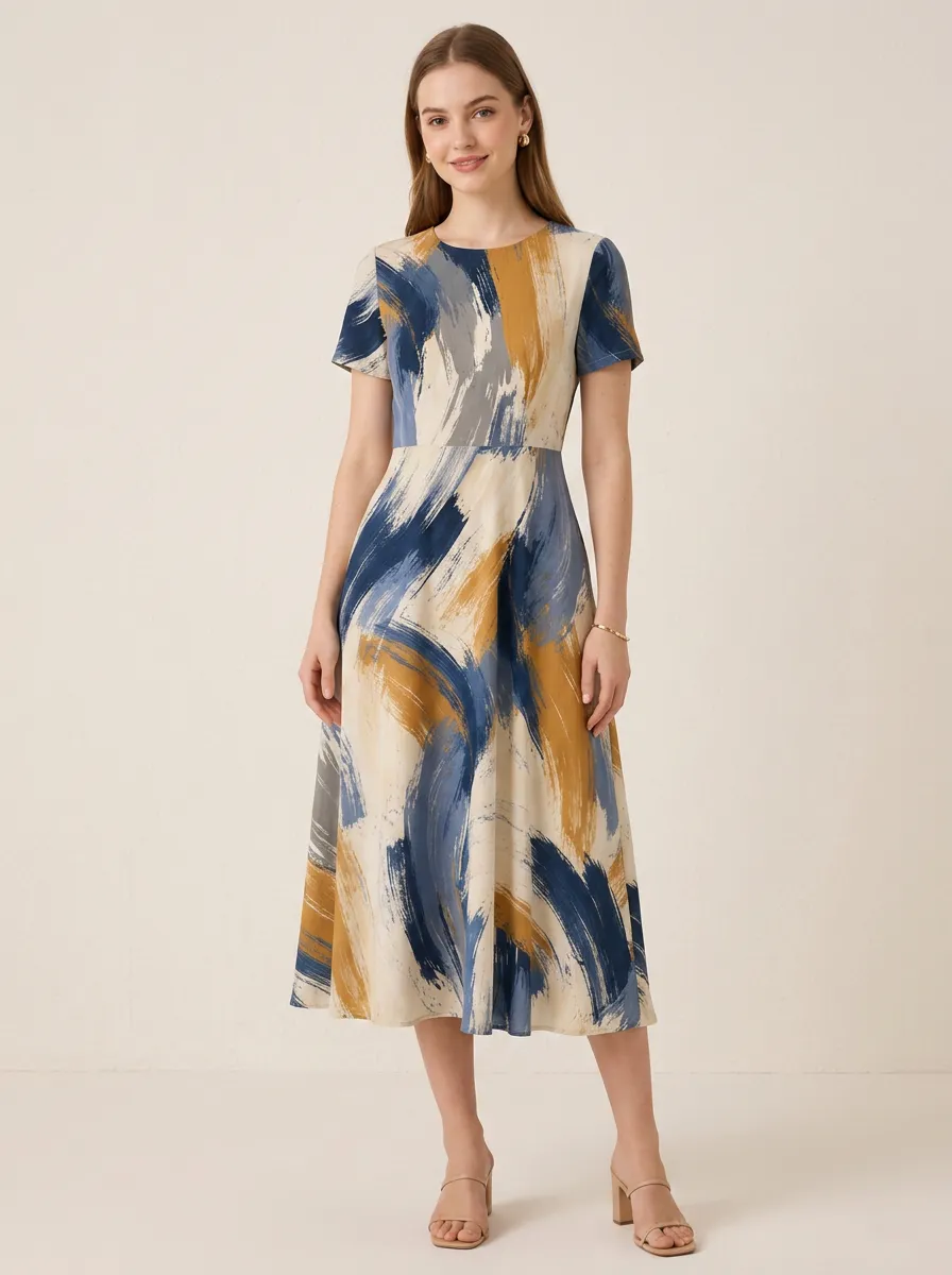 Women's Abstract Art Brushstroke Printed Midi Dress