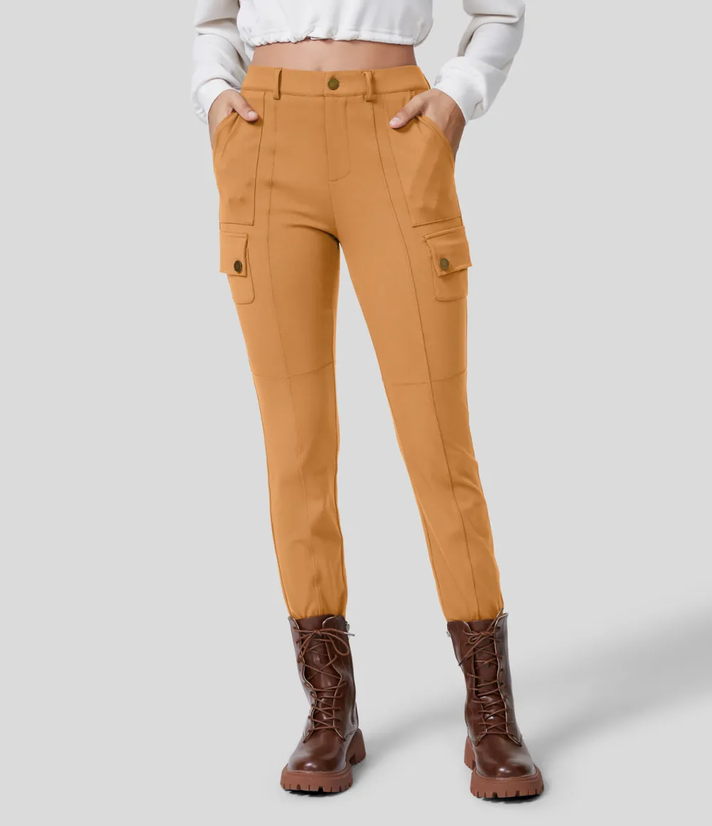 High Waisted Button Zipper Multiple Pockets Solid Skinny Cargo Pants