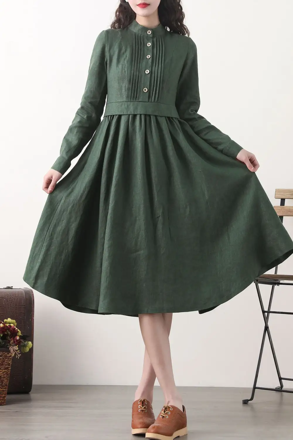 Refined Linen Pleated Long Sleeve Midi Dress