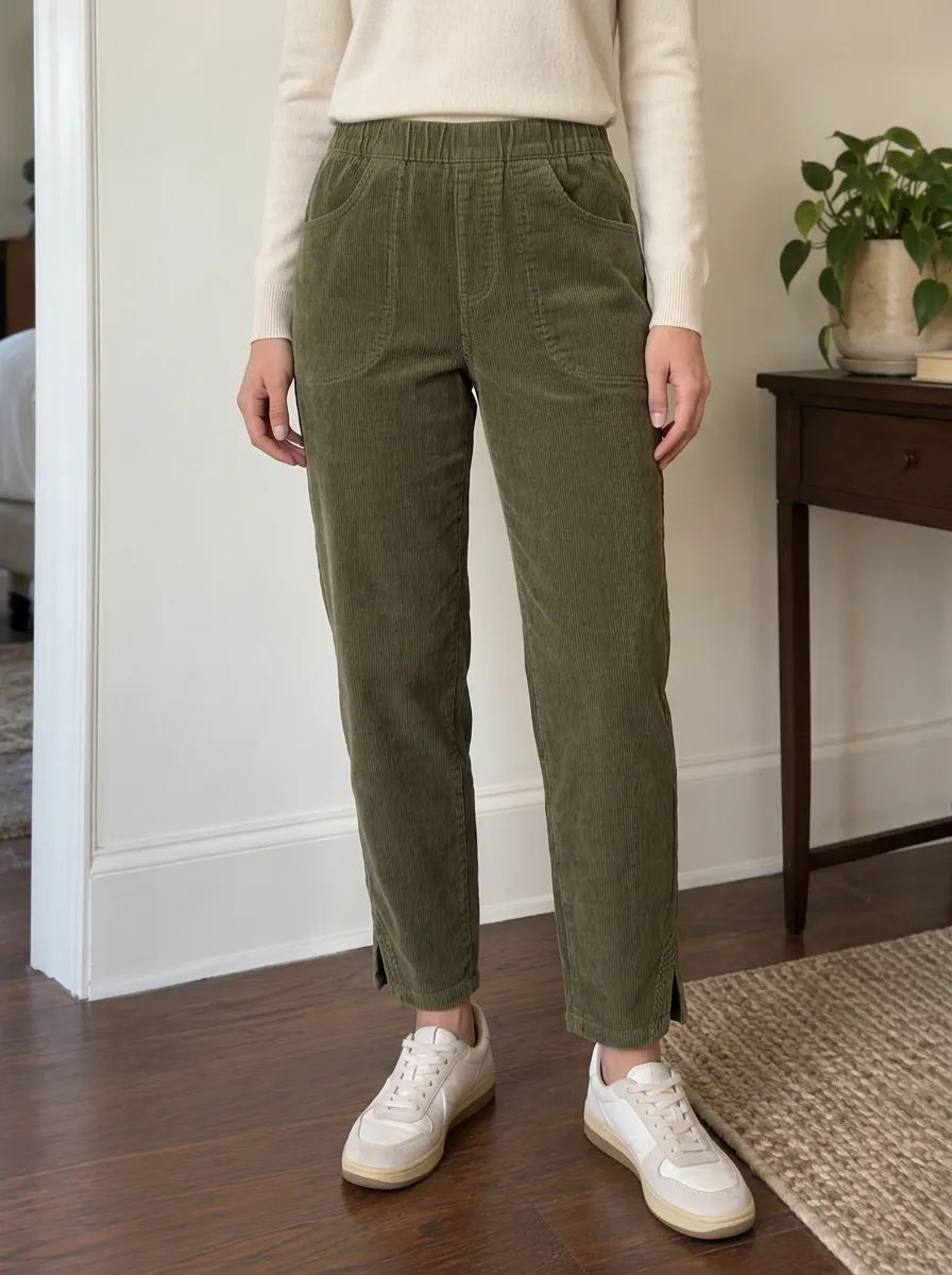 Women's Casual Autumn Olive Green Corduroy Elastic Waist Pants