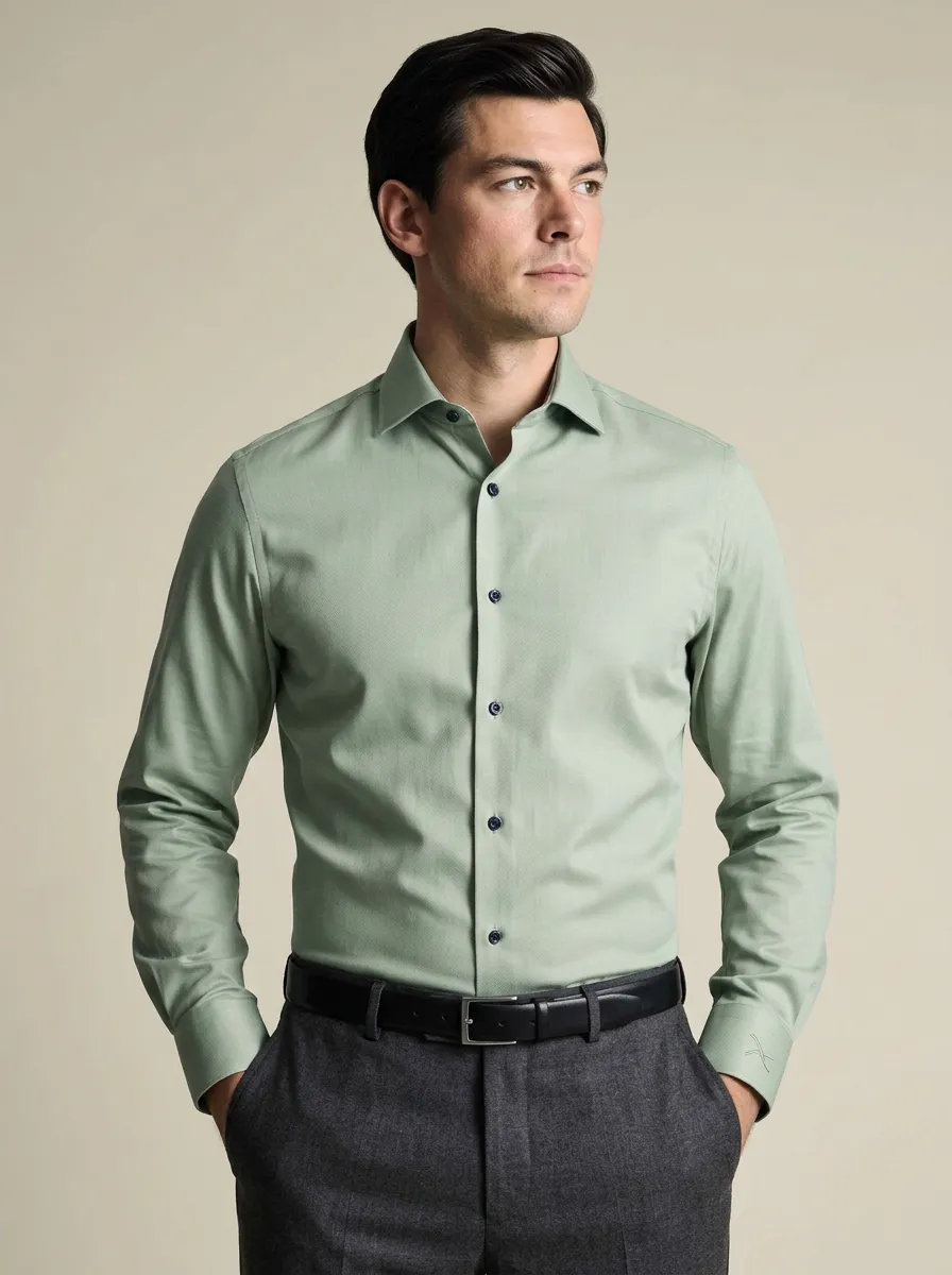 Men's Non-Iron Cotton Sage Green Long Sleeve Dress Shirt