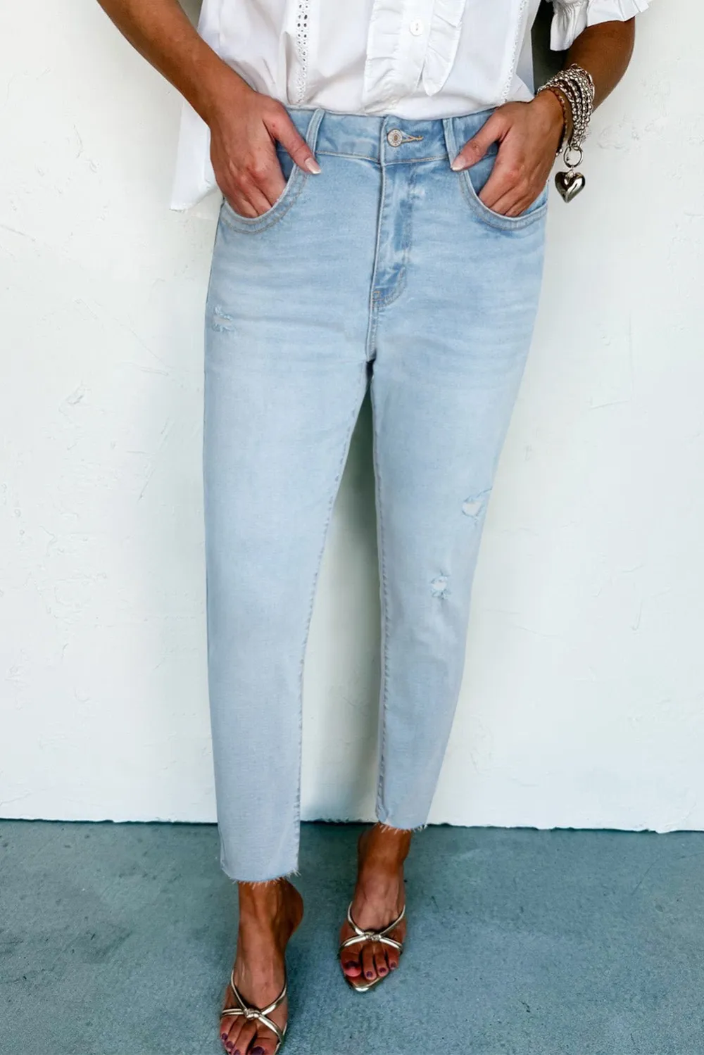 Mid Rise Cropped Distressed Raw Hem Casual Jeans
