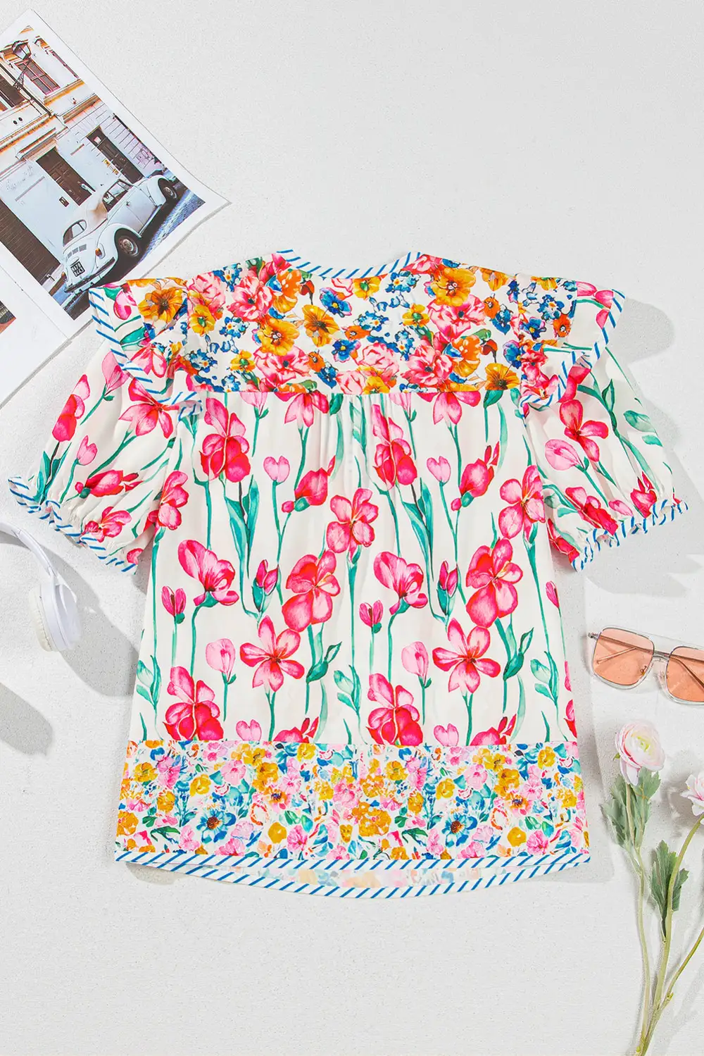 Softly Styled Striped Floral Short Sleeve Blouse