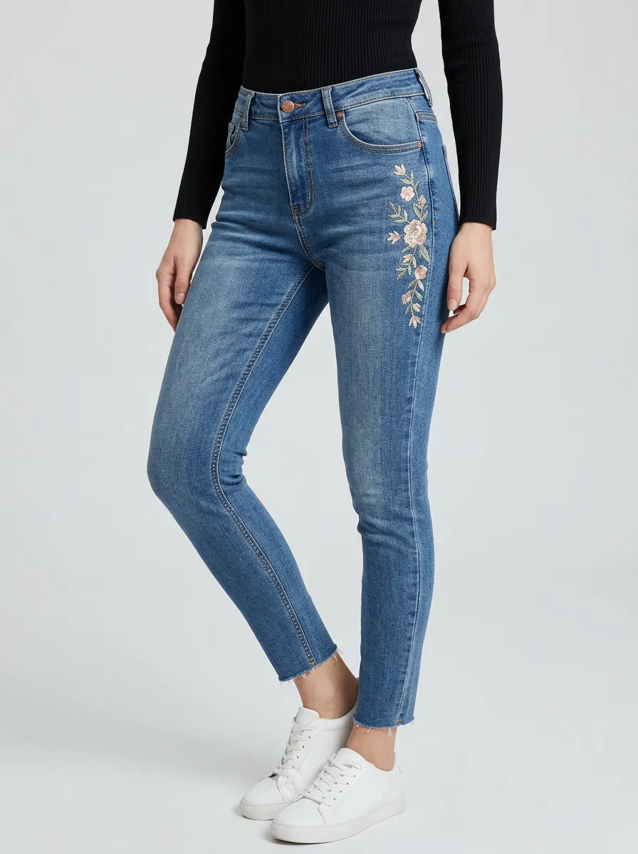 Women's Floral Pink Flower Embroidered Slim Jeans