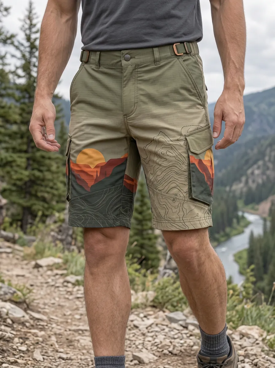 Men's Outdoor Hiking Mountain Sunset Topographic Cargo Shorts