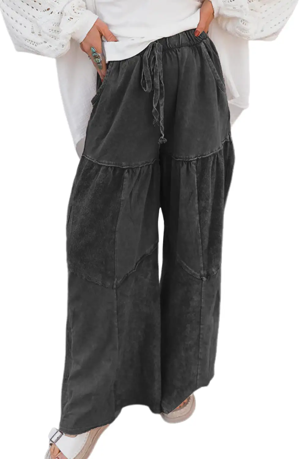 Wash Tiered Wide Leg Patchwork Drawstring Trousers