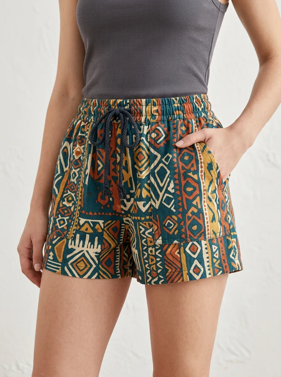 Women's Boho Tribal Pattern Knotted Drawstring Printed Shorts
