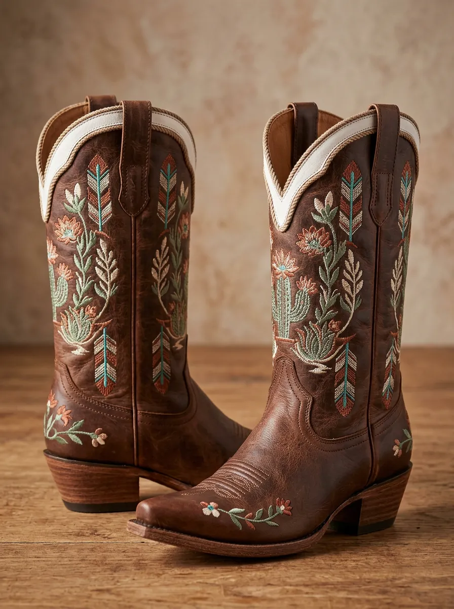 Canyon Cactus Floral Feather Profile Unisex Western Cowboy Boots