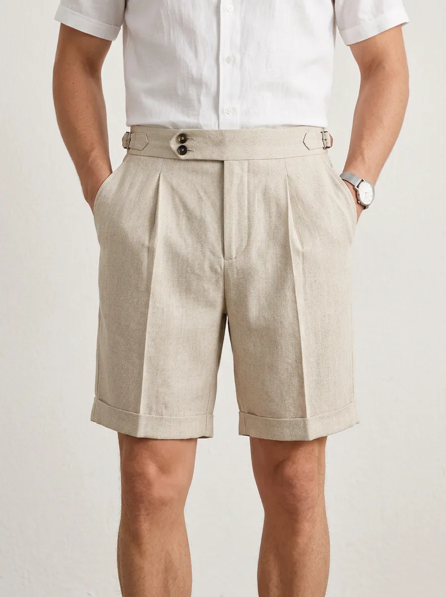 Men's Vintage Style Beige Linen Pleated Side-Buckle Shorts