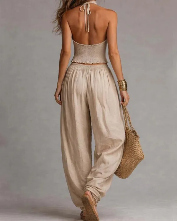 Casual Backless Craft Halter Closure Wide Leg Pants Set