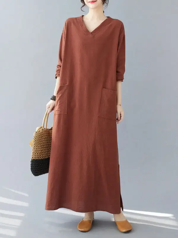 Pockets Long Neck Maxi Dress
