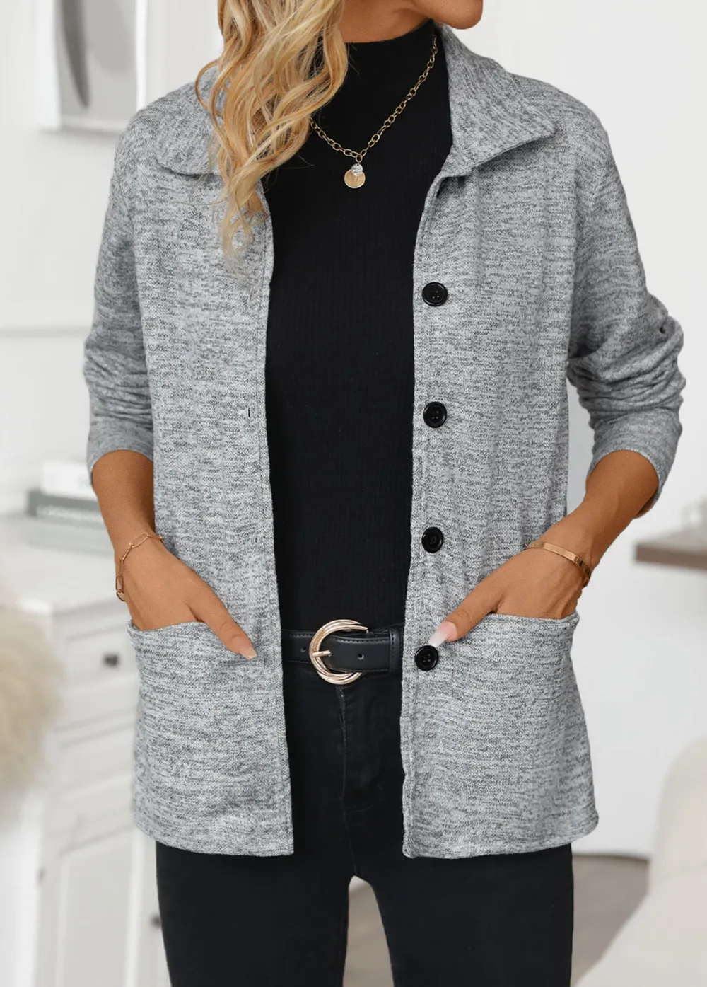 Light Grey Pocket Long Sleeve Turn Down Collar Coat