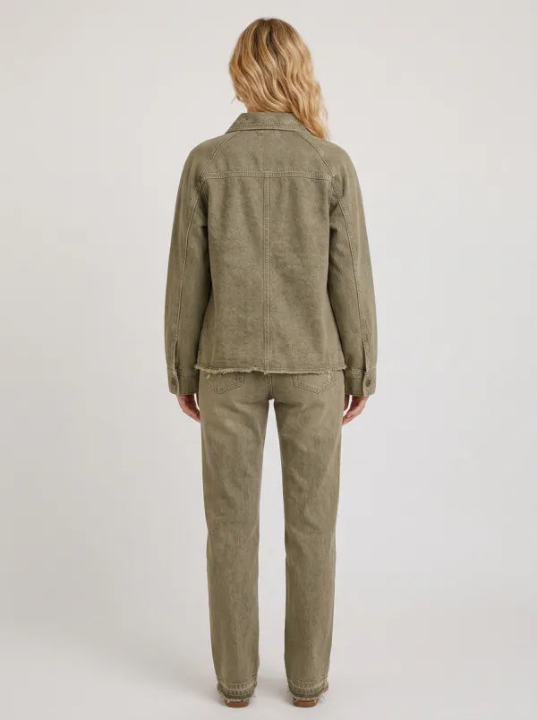 Women's Olive Green Utility Embroidered Raw Hem Denim Jacket