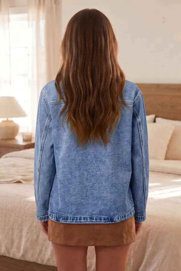 Women's Patchwork Leather Collar Long Sleeve Denim Jacket