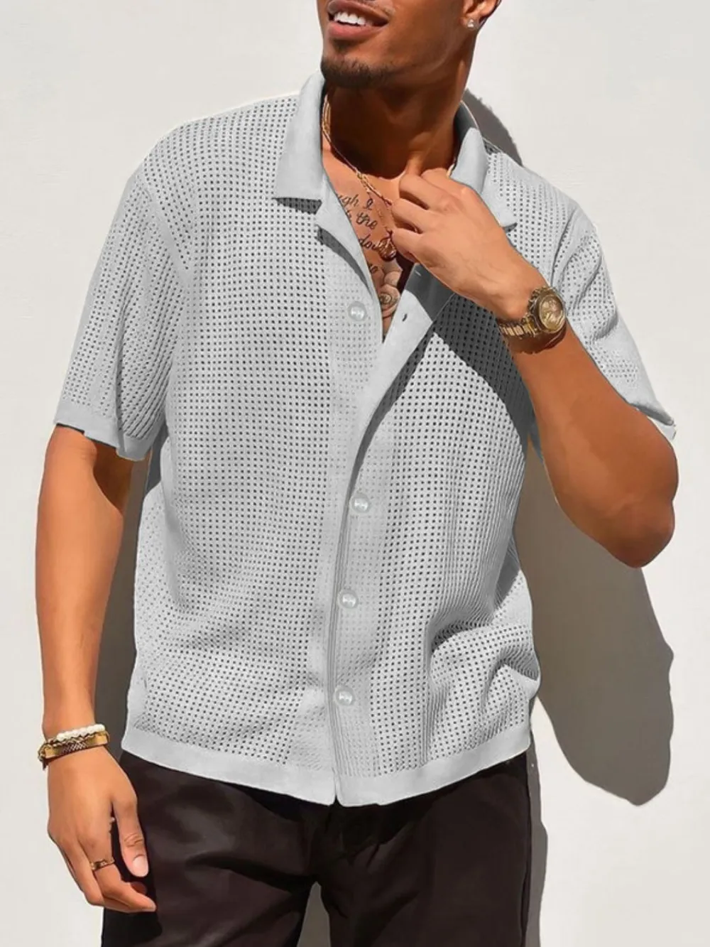 Button Down Openwork Collared Shirt