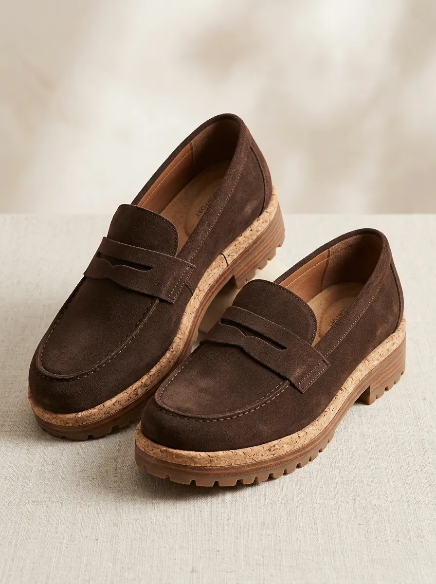 Women's Classic Platform Penny Suede Wood Sole Loafers