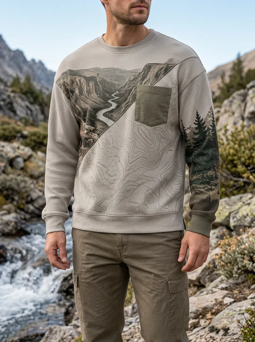 Men's Outdoor Mountain River Topographic Printed Waffle Knit Sweatshirt