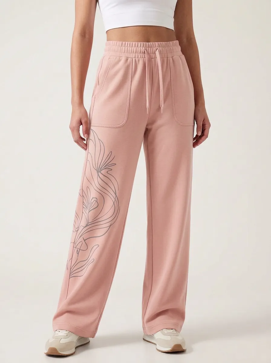 Women's Sage Green Floral Print Wide-Leg Sweatpants