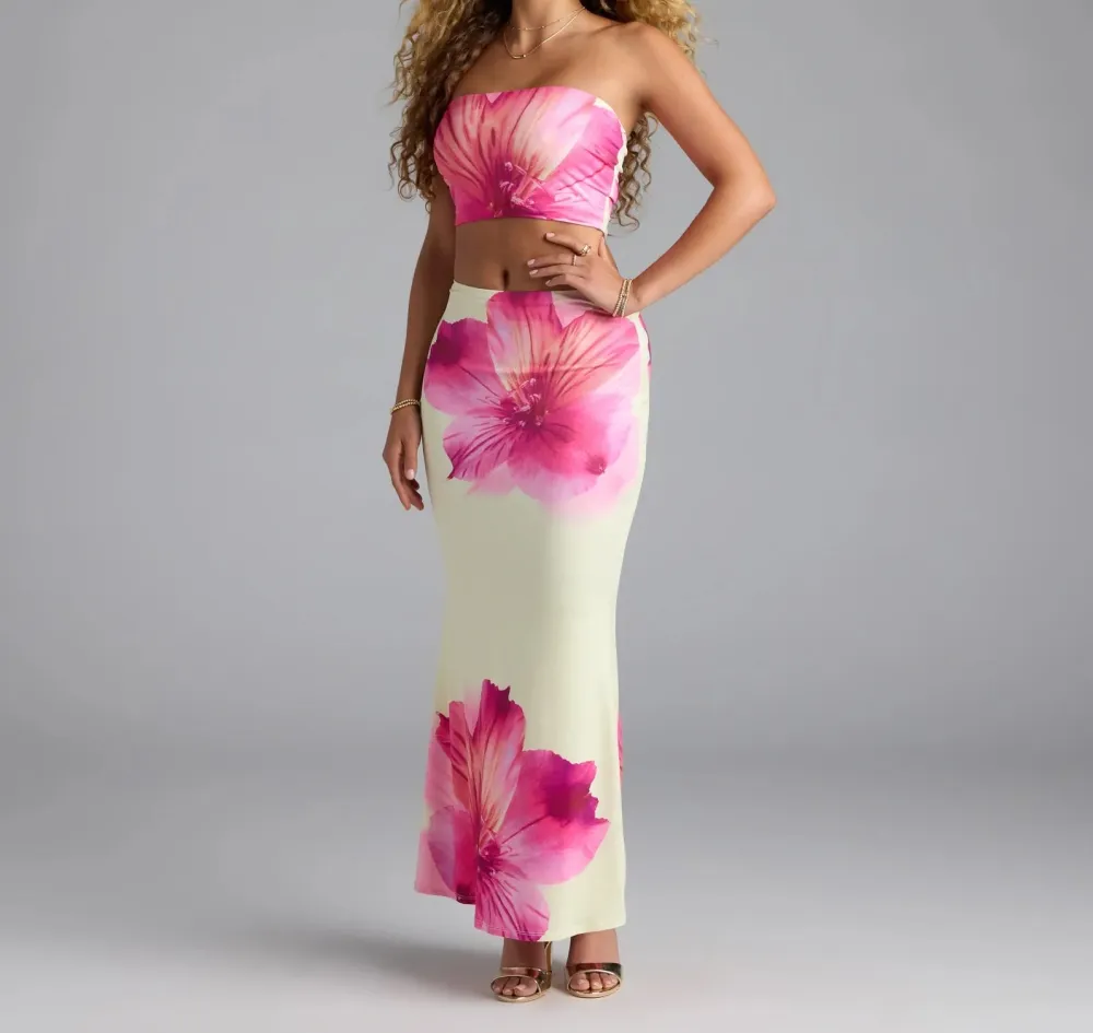 Yellow Tropical Floral Knit Maxi Skirt
