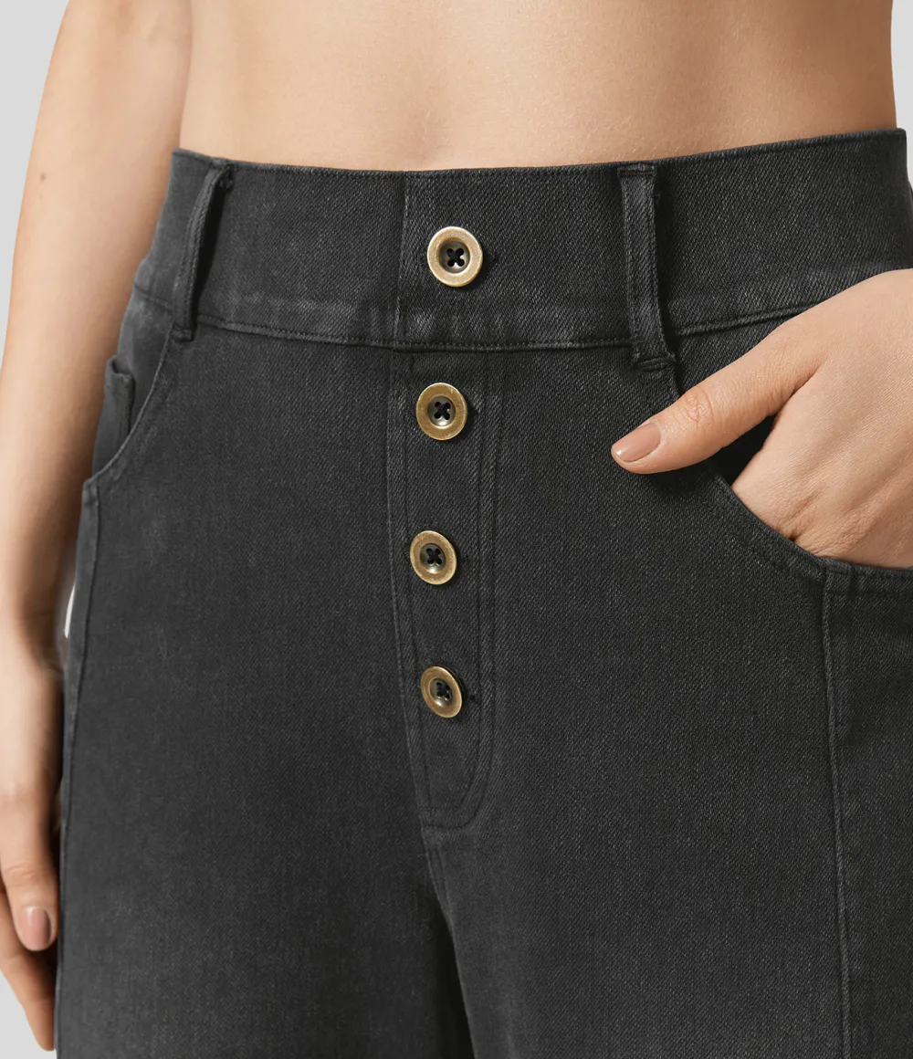 Magic High Waisted Decorative Button Multiple Pockets Straight Leg Stretchy Knit Casual Boyfriend Jeans