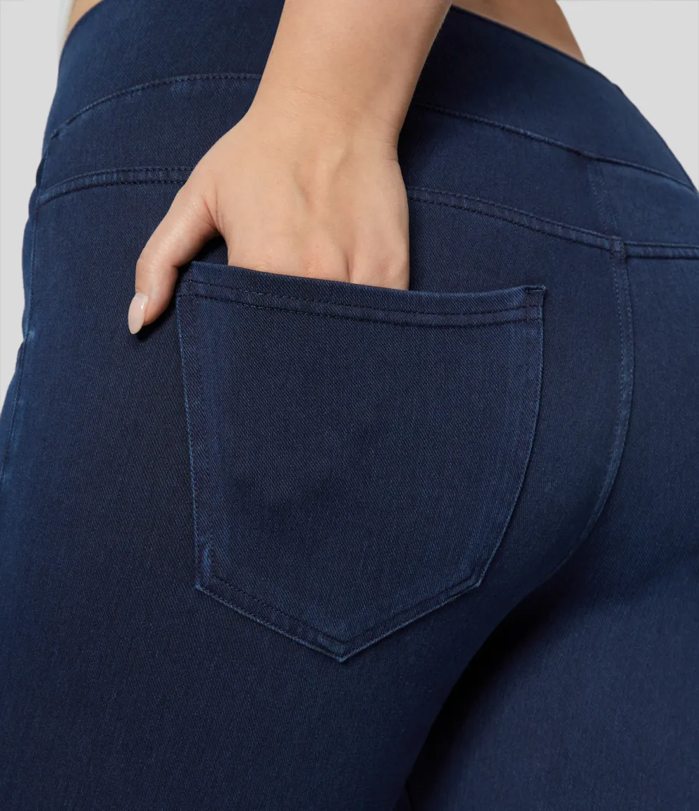 Magic High Waisted Crossover Multiple Pockets Stretchy Knit Denim 7/8 Plus Size Work Leggings