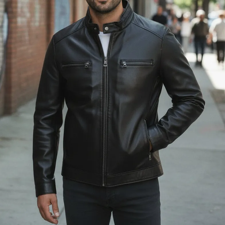 Refined Leather Biker Bomber Motorcycle Jacket