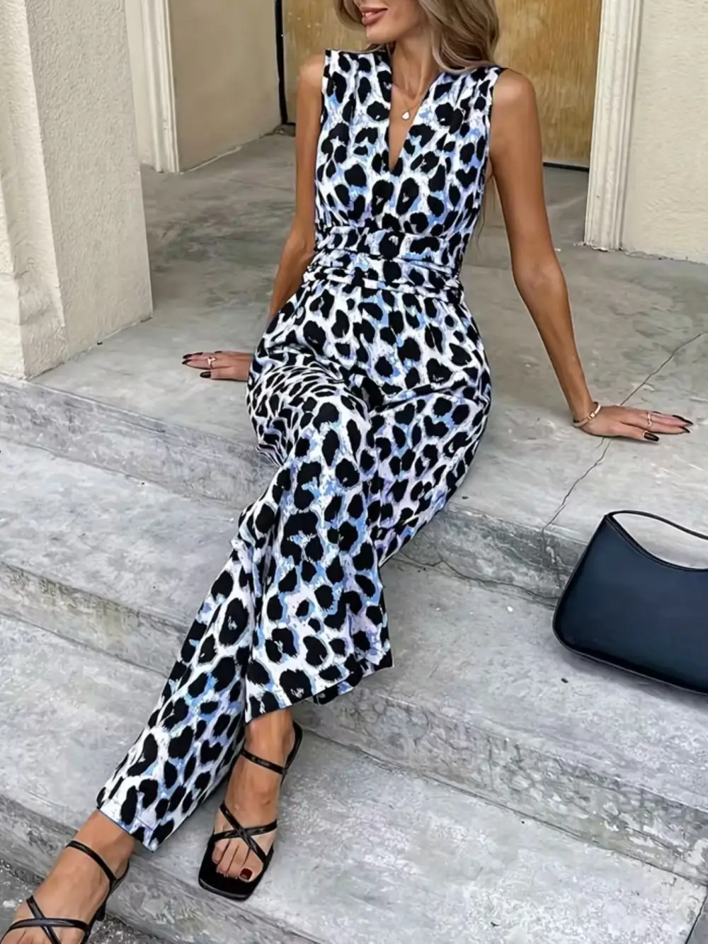 Sleeveless V Neck Leopard Print Wide Jumpsuit