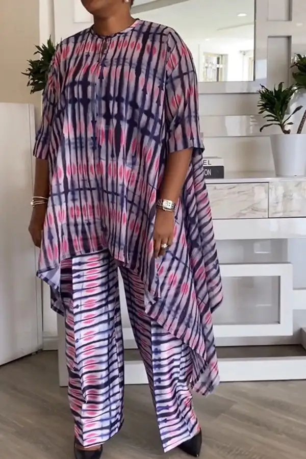 Abstract Print Asymmetric Round Neck Pant Set