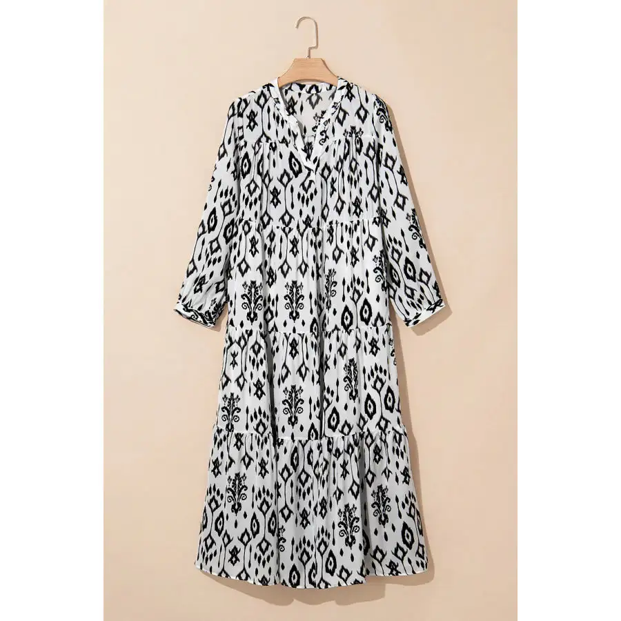 Tiered Notched Long Sleeve Midi Dress