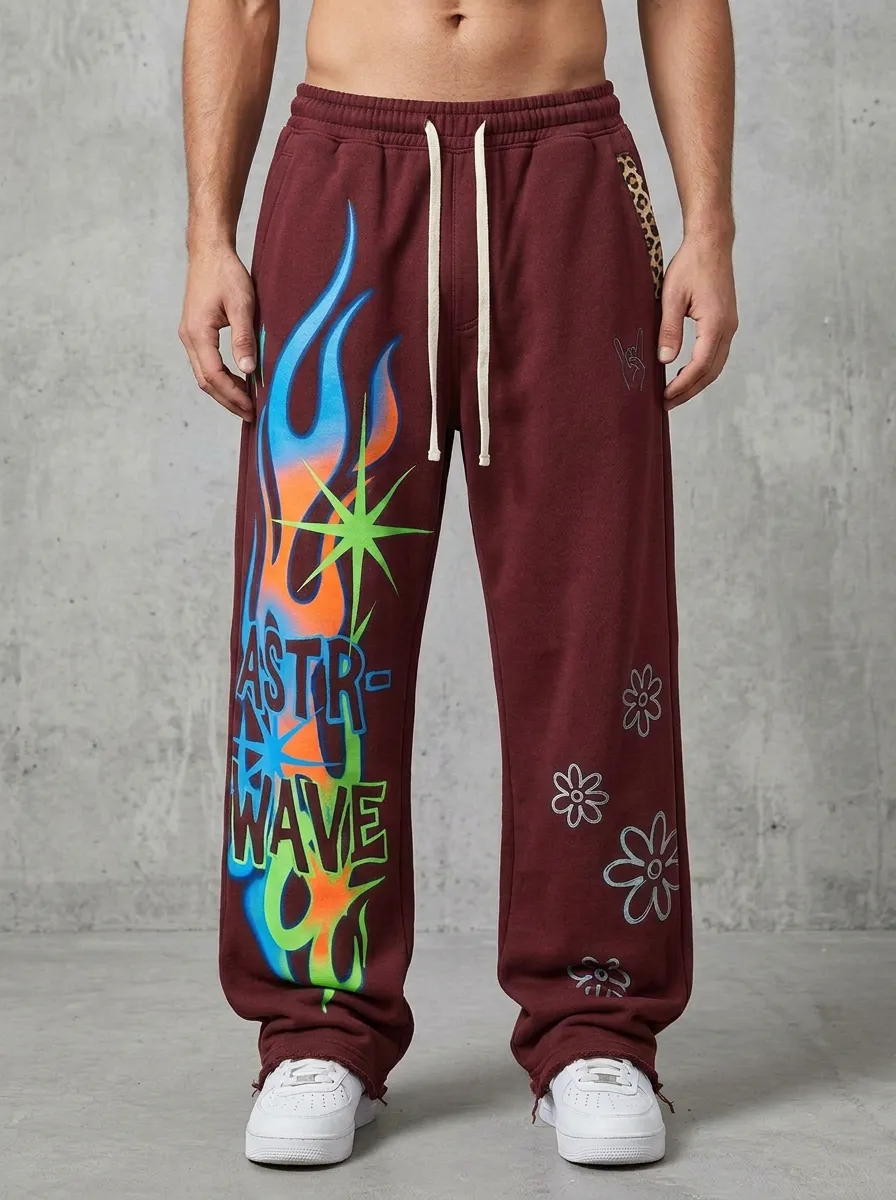 Men's Streetwear Astro Wave Flame Floral Printed Sweatpants