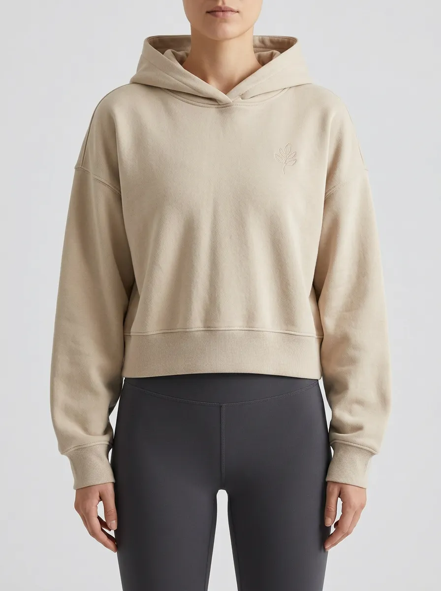 Women's Minimalist Leaf Embroidered Beige Cropped Hoodie
