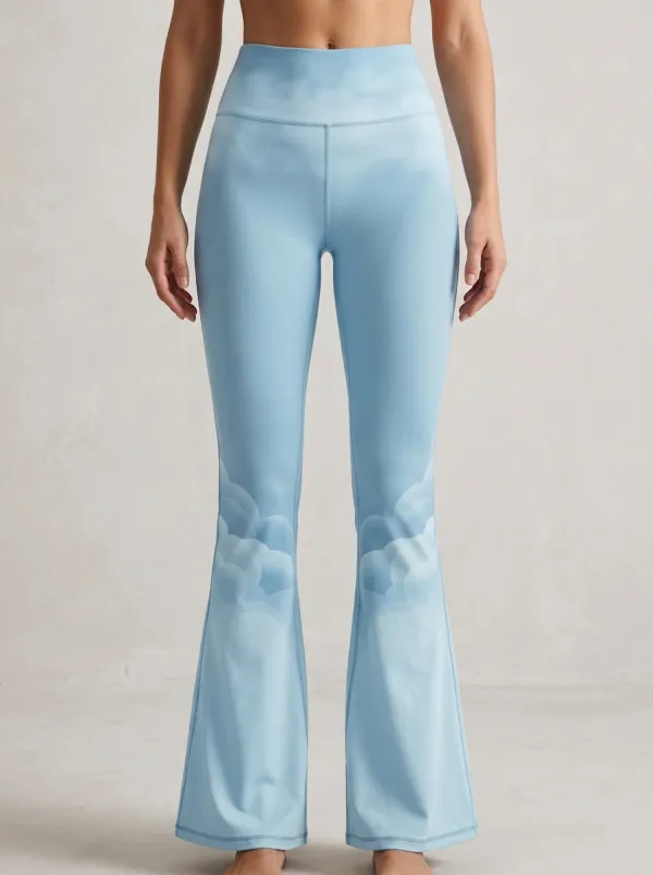 Women’s Mid-Rise Yoga Olive Cloud Pattern Printed Mini Flare Yoga Pants