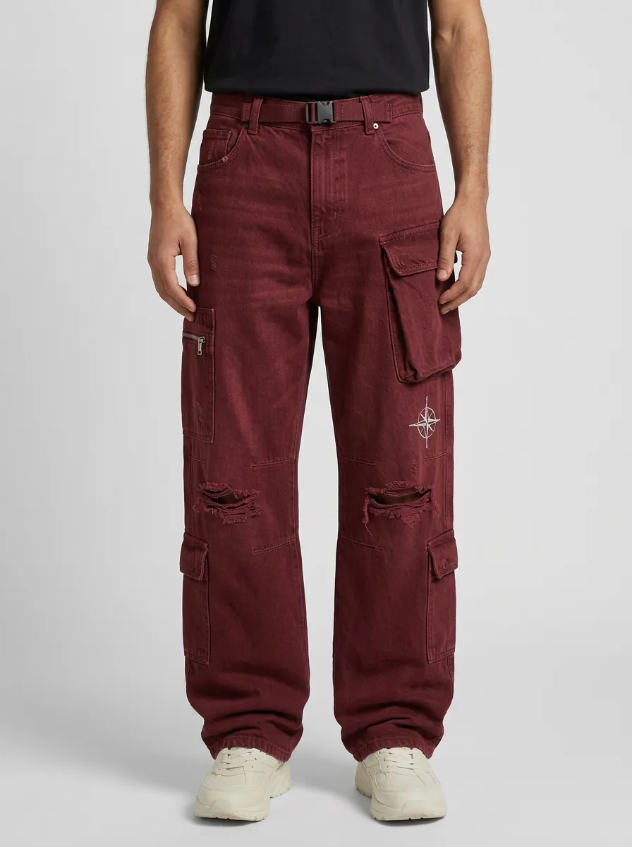 Men's Streetwear Compass Graphic Distressed Cargo Jeans