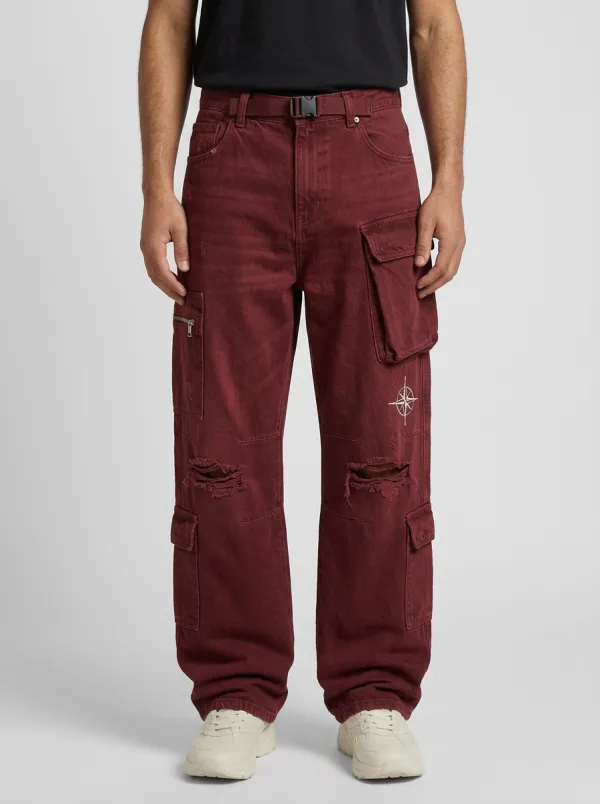 Men's Streetwear Compass Graphic Distressed Cargo Jeans