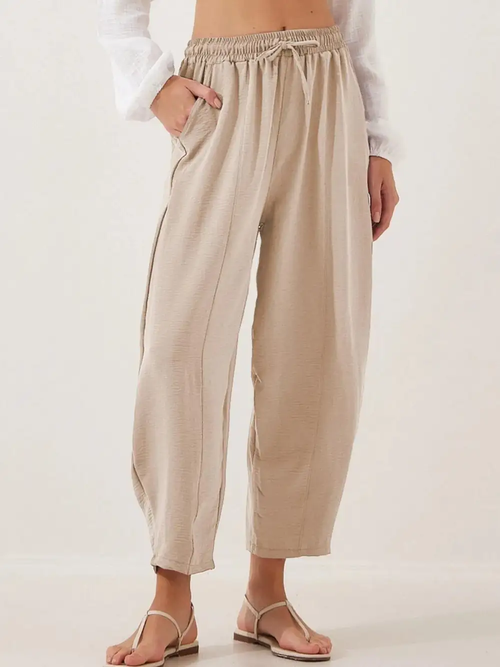 Full Size Drawstring Wide Leg Cropped Pants Plus Size