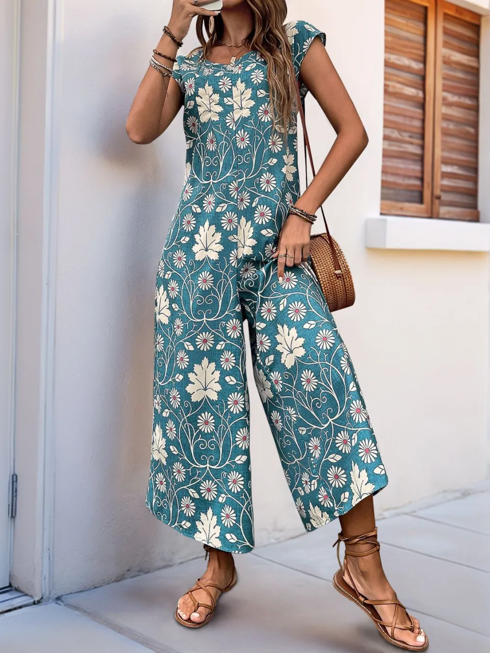 Round Neck Cap Sleeve Wide Leg Jumpsuit