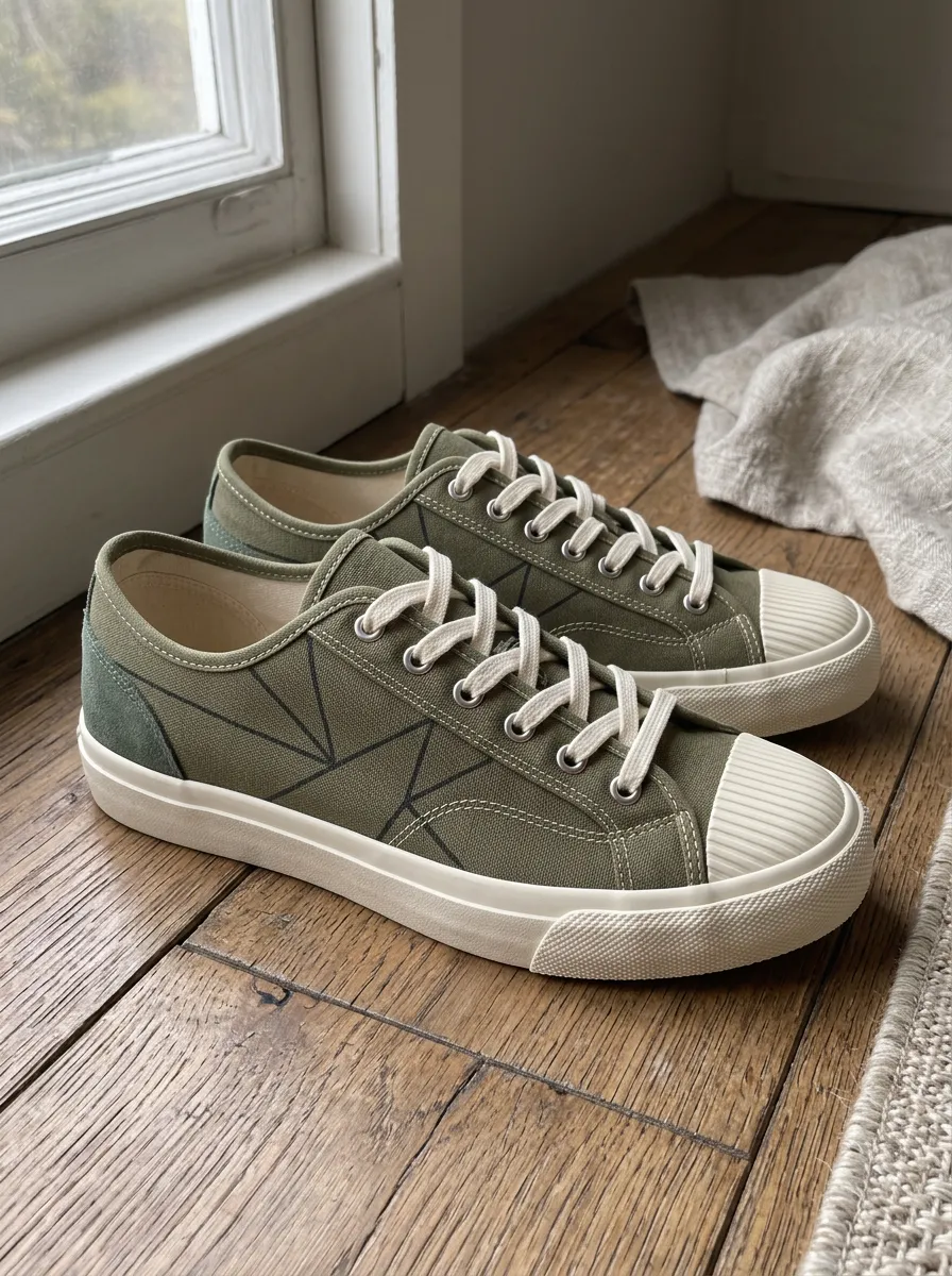 Men's Geometric Line Art Olive Green Printed Canvas Shoes