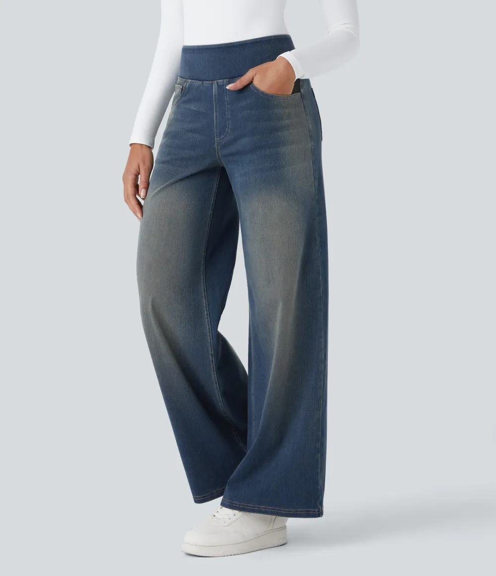 2026🔥  High Waisted Multiple Pockets Baggy Wide Leg Washed Stretchy Knit Casual Jeans