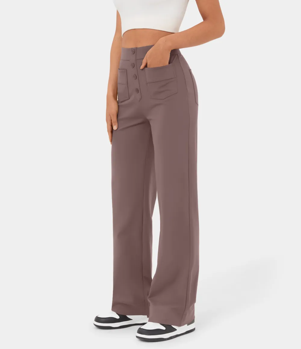 High Waisted Button Multiple Pockets Straight Leg Casual Pants
