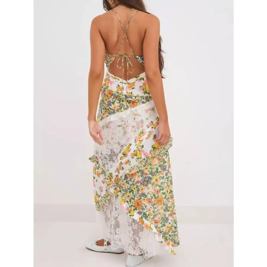 Lace Detail Ruffled Floral V Neck Maxi Dress