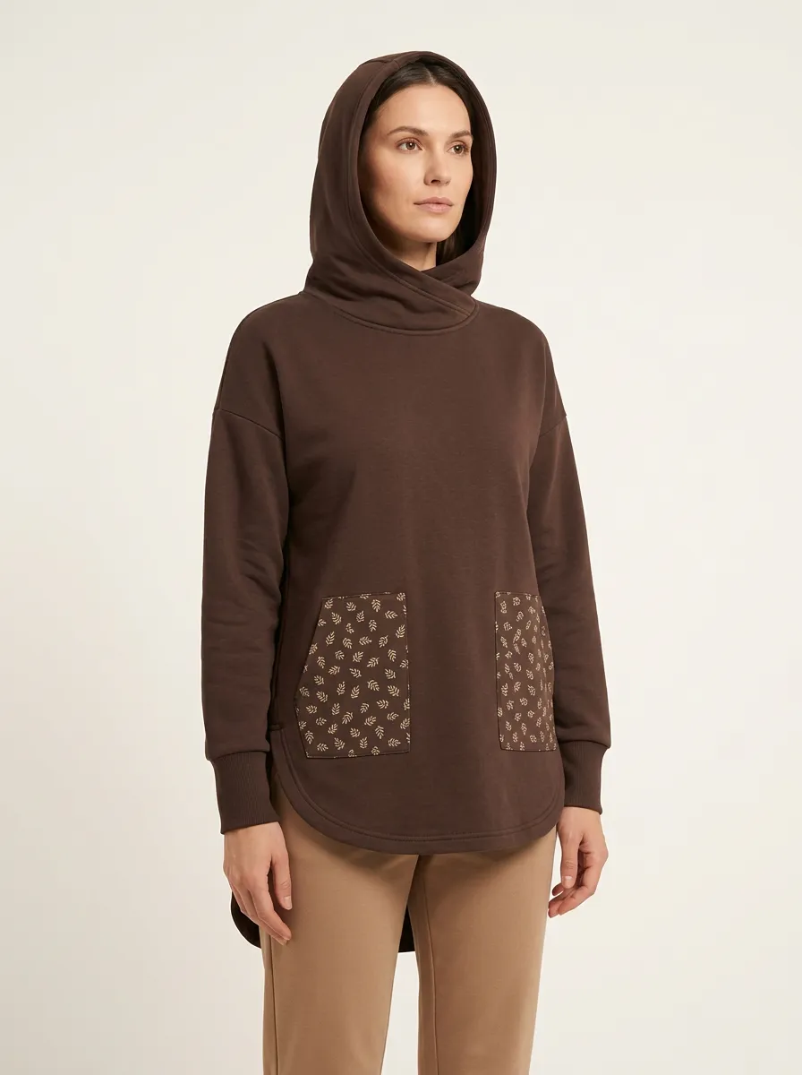 Women's Leaf-Pattern Patch-Pocket High-Low Hoodie