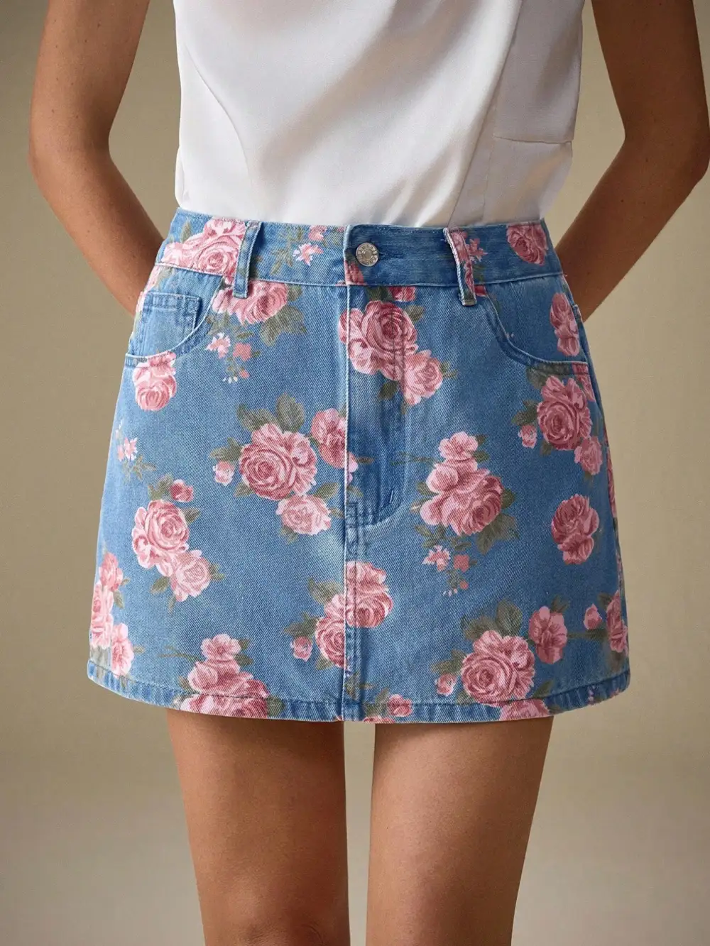 Denim Floral Print Pocketed Skirt