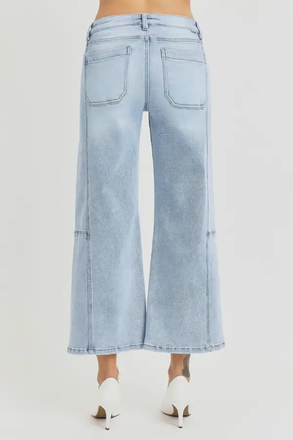 High Rise Seamed Detail Wide Leg Denim Jeans