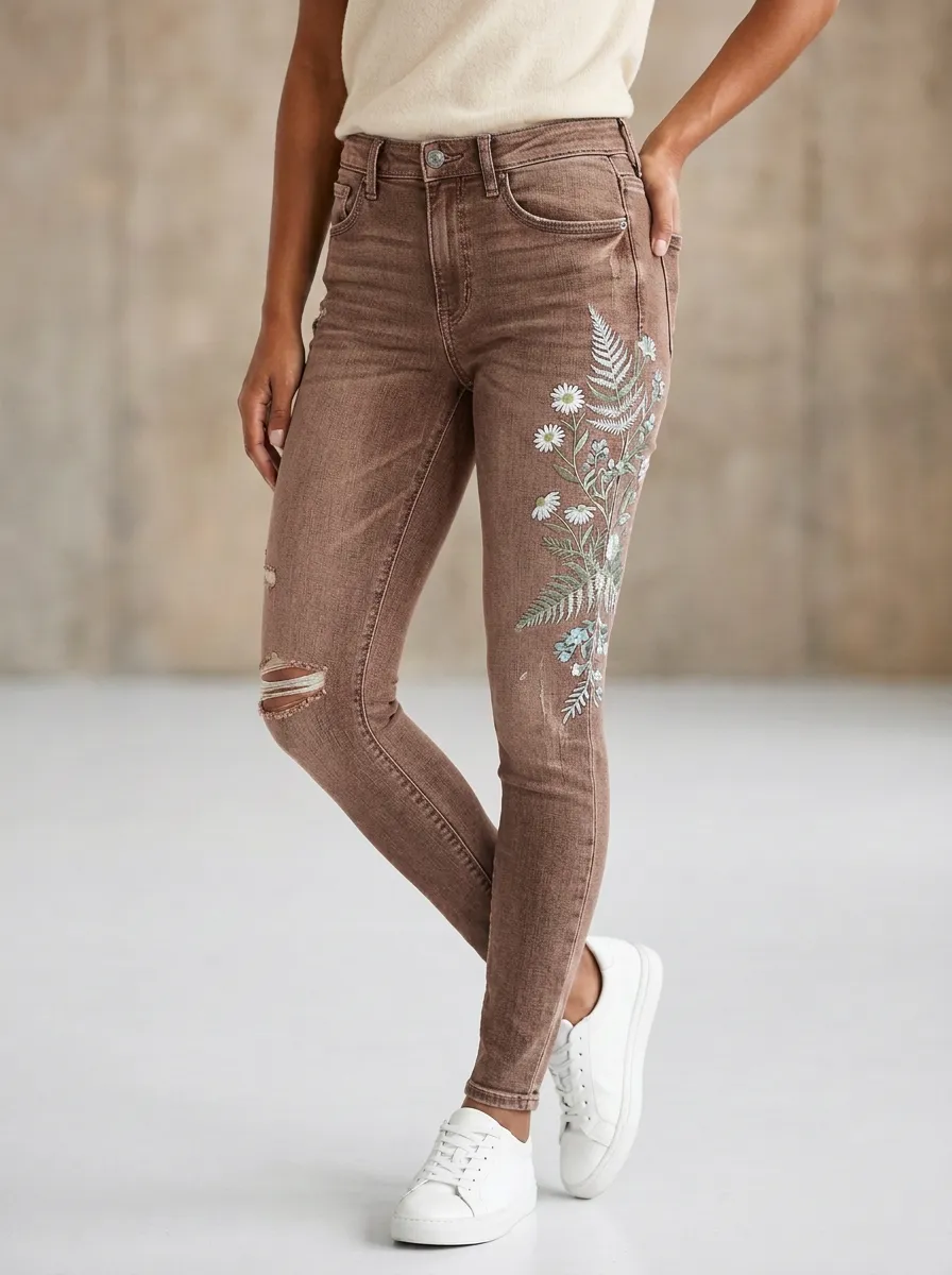 Women's Floral Daisy Fern Embroidered Graphic Slim Jeans