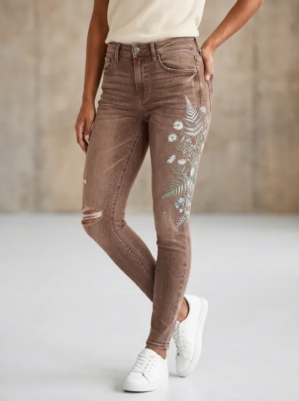 Women's Floral Daisy Fern Embroidered Graphic Slim Jeans