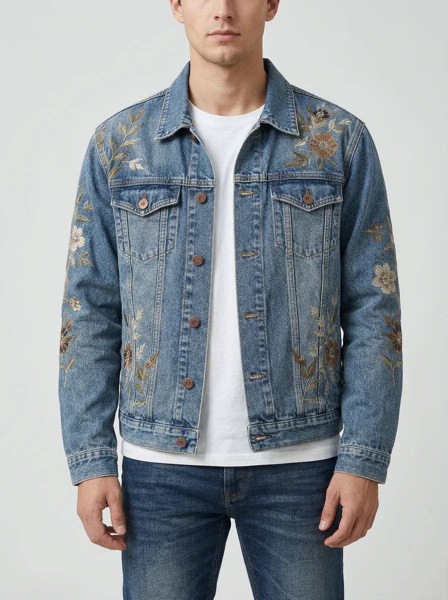 Men's Floral Relaxed Look Vintage Inspired Denim Jacket