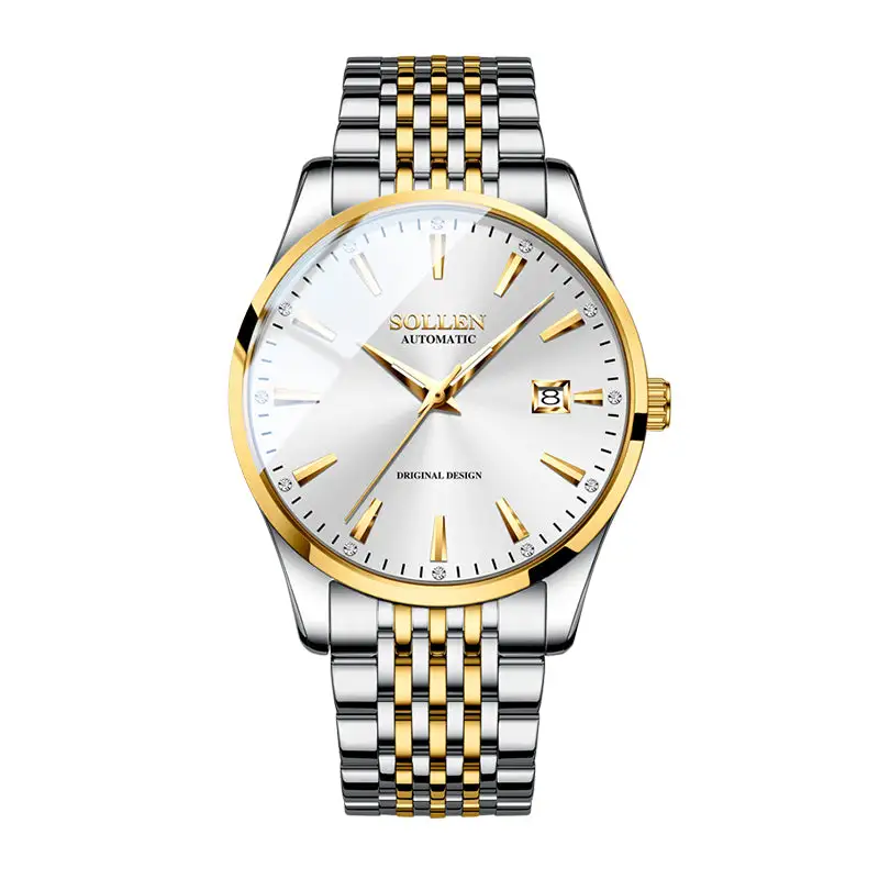 Sollen 9032 Automatic Watch - Men's Sunray Dial Luminous Dot Markers 9-Bead Stainless Steel Bracelet Wristwatch