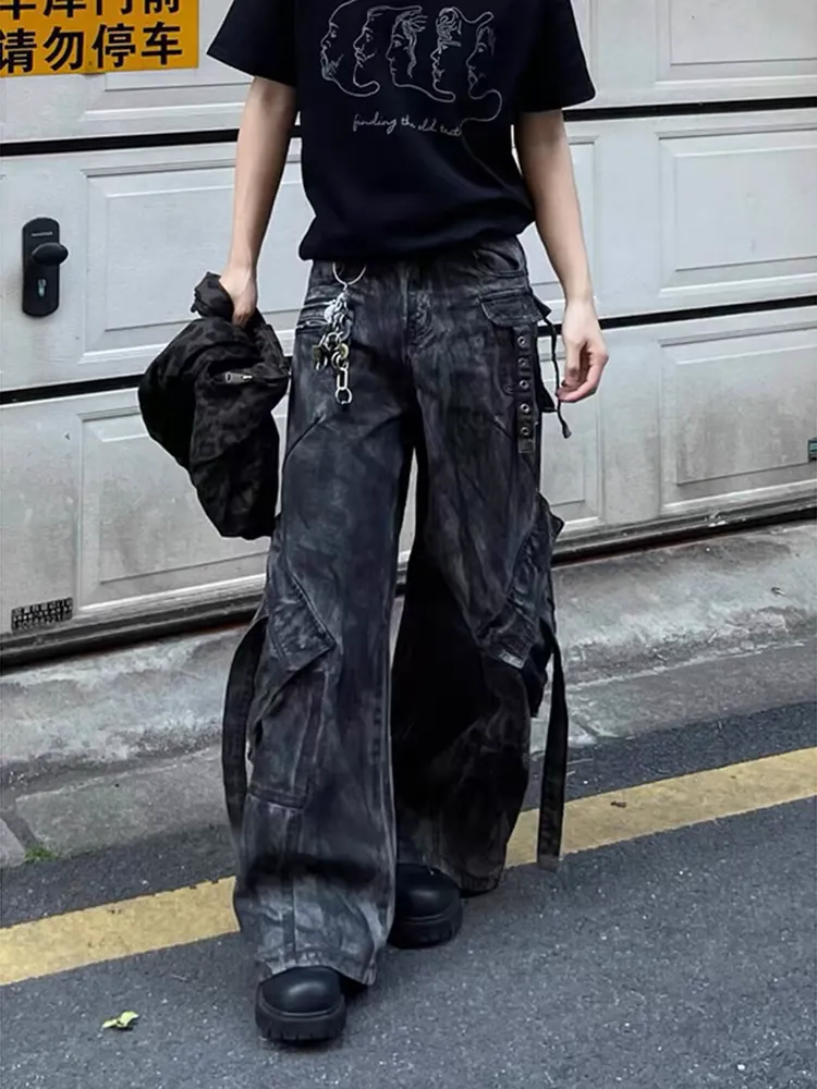 Acid-Wash Cargo-Pocket Distressed Jeans