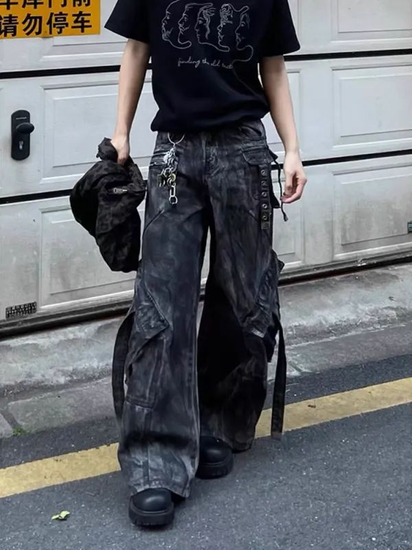 Acid-Wash Cargo-Pocket Distressed Jeans