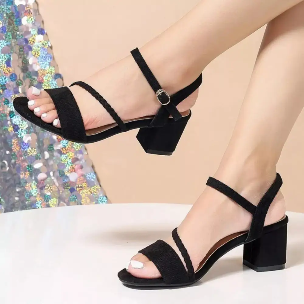 Textured Open Toe Block Heels Sandals